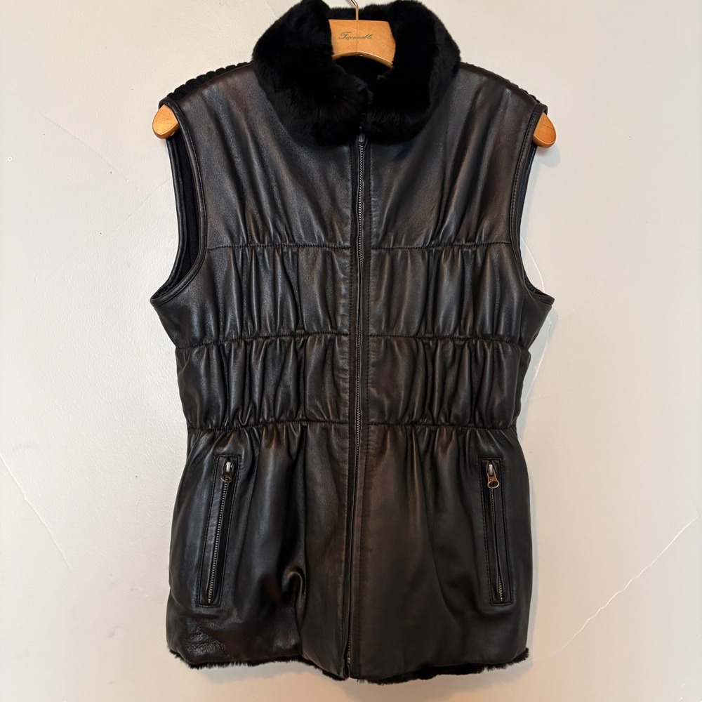 Chosen Furs Reversible Black Leather Rabbit Fur Vest Ribbed‎ Knit Back Zip Front